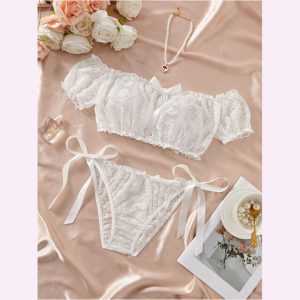 白色一字肩蝴蝶結繫帶性感內衣套裝