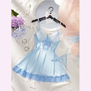 HPW319-NY-Y1133-Blue-bow-suspender-skirt-two-piece-suit-front-view