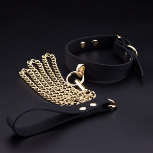 Silicone erotic collar, SM sex toy, black dog chain toy, restraint and traction partial view1